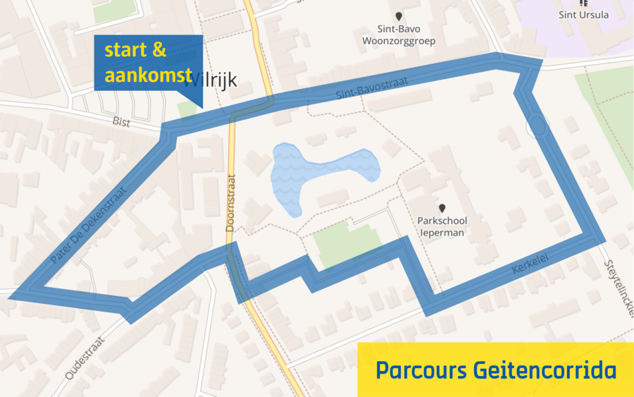 Het parcours van de Geitencorrida met start en aankomst op de Bist.